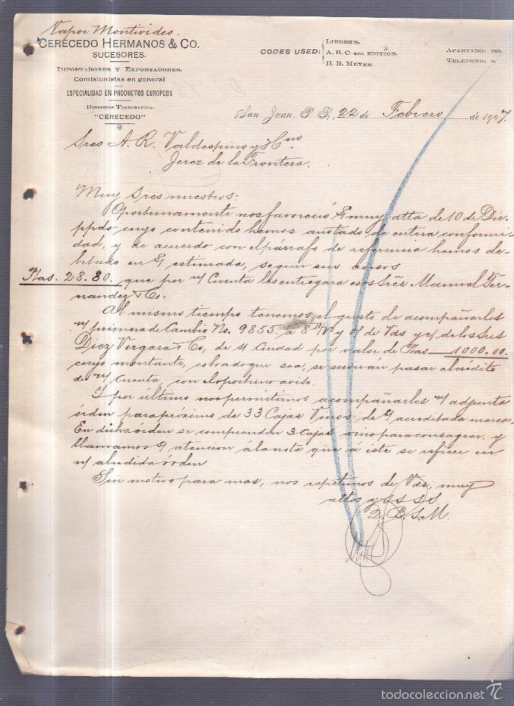 Lettres commerciales: CARTA COMERCIAL. CERECEDO HERMANOS & CO. SAN JUAN PUERTO RICO. 1907. VER. VAPOR MONTEVIDEO