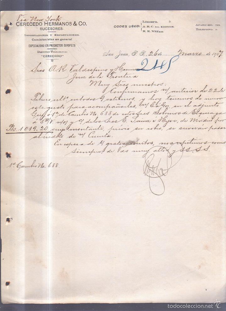Lettres commerciales: CARTA COMERCIAL. CERECEDO HERMANOS & CO. SAN JUAN PUERTO RICO. 1907. VER. VIA NEW YORK
