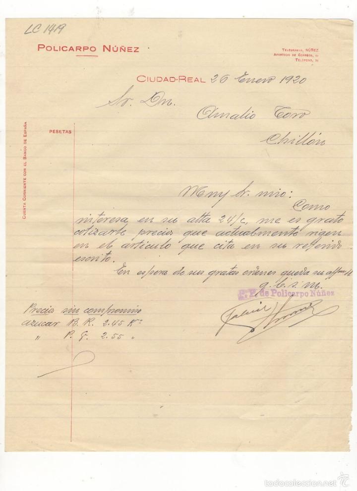 Cartas comerciales: CARTA COMERCIAL .POLICARPO NU&Ntilde;EZ, CIUDAD REAL, 1920.