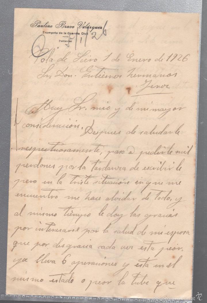 Cartas comerciales: CARTA COMERCIAL. PAULINO BRAVO VELAZQUEZ. TROMPETA DE LA GUARDIA CIVIL. POLA DE SIERO, ASTURIAS 1926