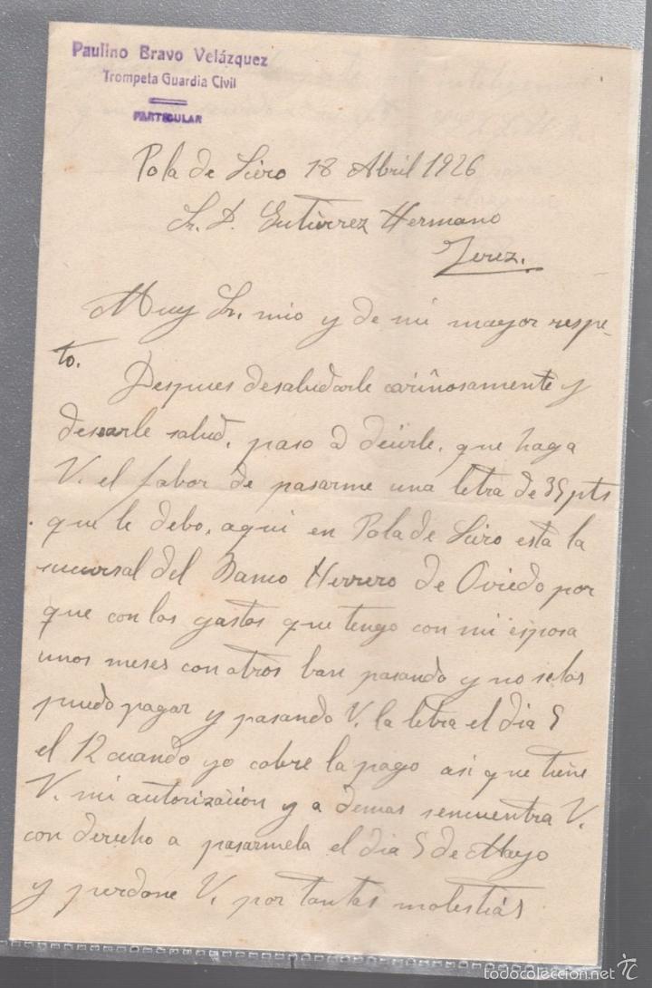Cartas comerciales: CARTA COMERCIAL. PAULINO BRAVO VELAZQUEZ. TROMPETA DE LA GUARDIA CIVIL. POLA DE SIERO, ASTURIAS 1926