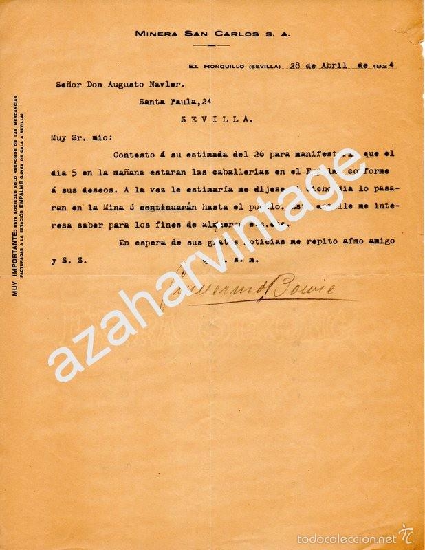 Commercial Letters: EL RONQUILLO, SEVILLA, 1924, CARTA CON MEMBRETE MINERA SAN CARLOS,S.A., MUY RARA