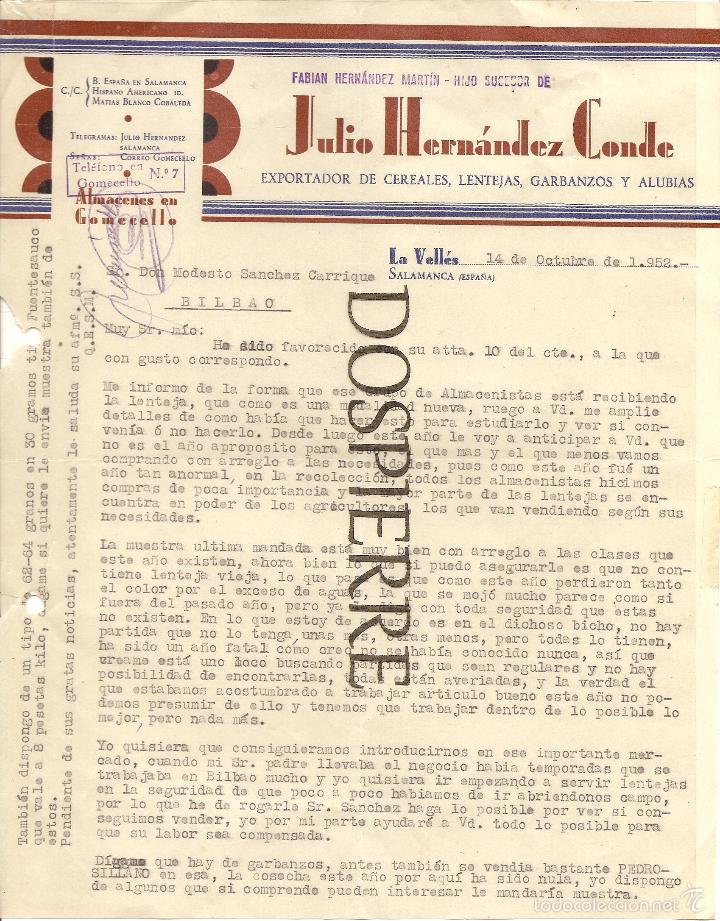 Lettere commerciali: CARTA COMERCIAL, JULIO HERN&Aacute;NDEZ CONDE, EXPORTADOR DE CEREALES, GOMECELLO, SALAMANCA, 1952