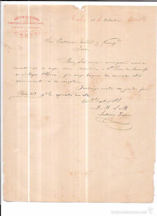 Gesch&auml;ftsbriefe: CADIZ. CARTA COMERCIAL. ANTONIO GIRAU. COMISIONES, CONSIGNACIONES, TRANSITOS Y EMBARQUES. 1889.