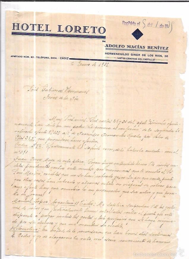 Gesch&auml;ftsbriefe: CADIZ. CARTA COMERCIAL. HOTEL LORETO. ADOLFO MAC&Iacute;AS BEN&Iacute;TEZ. A&Ntilde;O 1935.