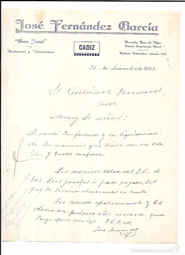 Gesch&auml;ftsbriefe: CADIZ. CARTA COMERCIAL. JOS&Eacute; FERNANDEZ GARCIA. RESTAURANT Y ULTRAMARINOS. 1932.