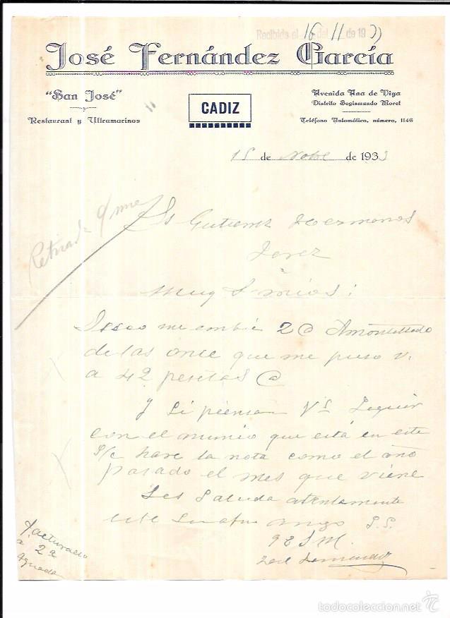 Gesch&auml;ftsbriefe: CADIZ. CARTA COMERCIAL. JOS&Eacute; FERNANDEZ GARCIA. RESTAURANT Y ULTRAMARINOS. 1939.