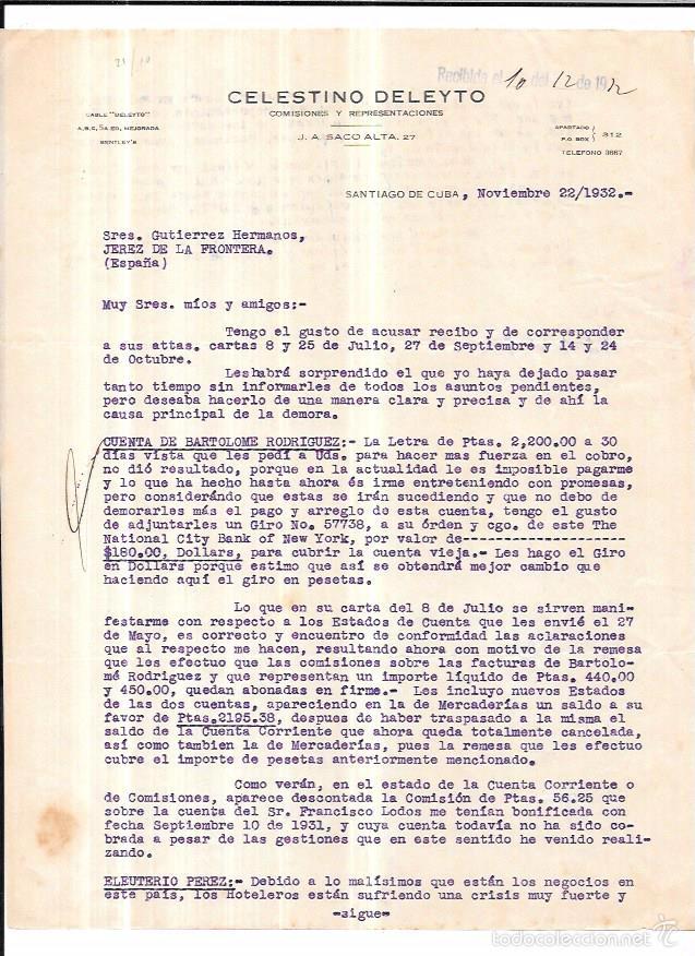 Cartas comerciales: CARTA COMERCIAL. CELESTINO DELEYTO. COMISIONES Y REPRESENTACIONES. SANTIAGO DE CUBA. 1932.