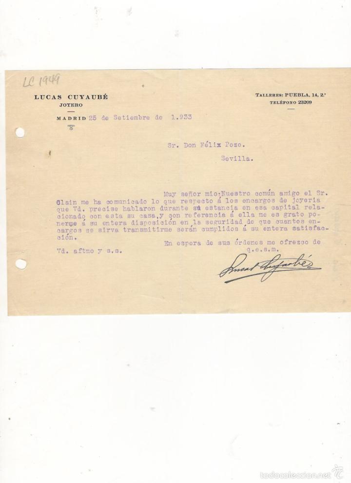 Cartas comerciales: CARTA COMERCIAL. LUCAS CUYAUBE, JOYERO, MADRID, 1933.