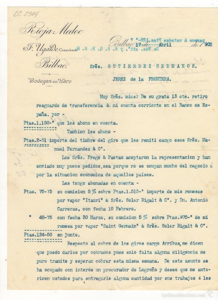 Lettres commerciales: CARTA COMERCIAL. RIOJA MEDOC, F. UGALDE, COSECHERO. BILBAO, 1905.