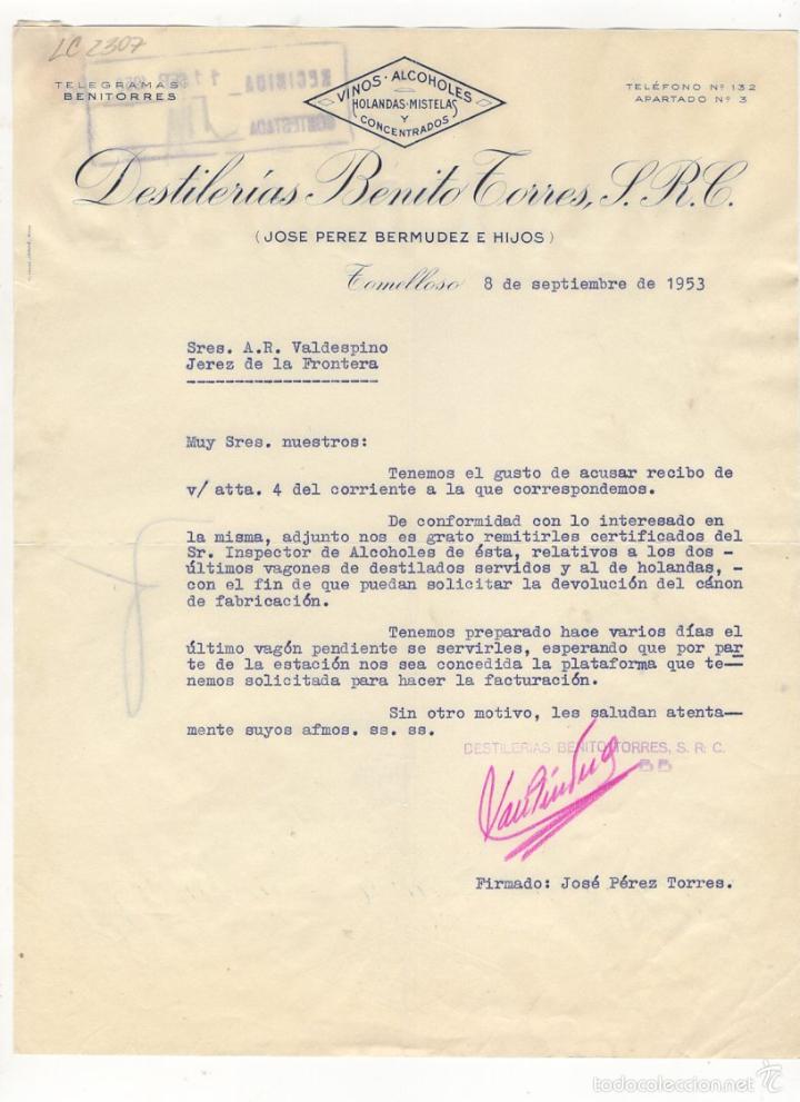Cartas comerciales: CARTA COMERCIAL. DESTILERIAS BENITO TORRES, P.R.C., VINOS Y ALCOHOLES, TOMELLOSO, 1953.
