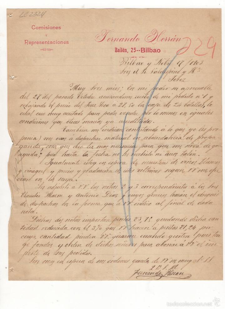 Gesch&auml;ftsbriefe: CARTA COMERCIAL. FERNANDO HERRAN, COMISIONES Y REPRESENTACIONES, BILBAO, 1903.