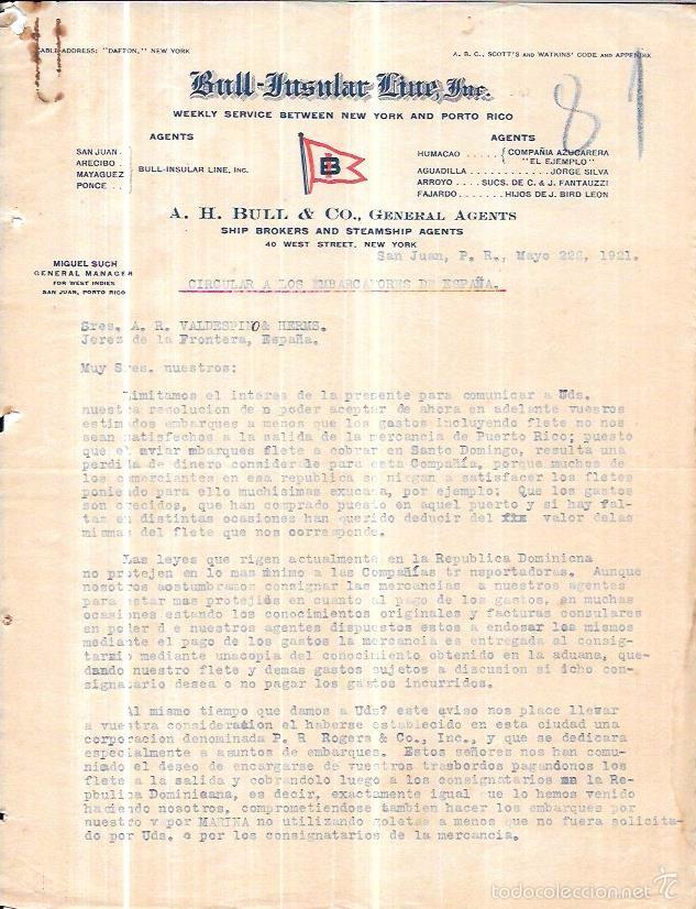 Lettres commerciales: CARTA COMERCIAL. BULL-INSULAR LINE.  SAN JUAN, PUERTO RICO. A&Ntilde;O 1921.