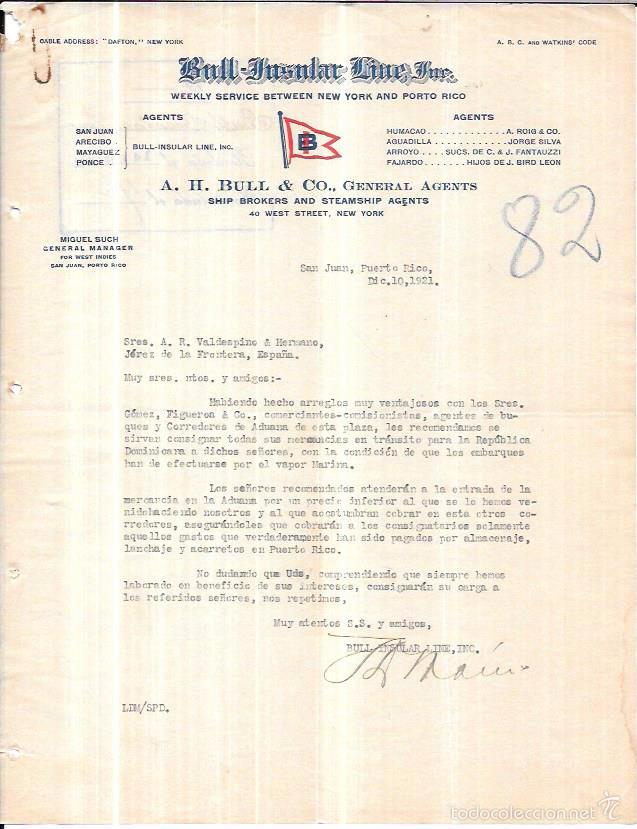 Lettres commerciales: CARTA COMERCIAL. BULL-INSULAR LINE. SAN JUAN, PUERTO RICO. A&Ntilde;O 1921.
