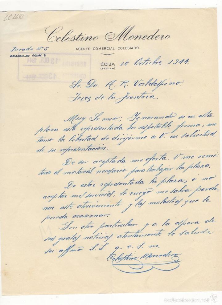 Cartas comerciales: CARTA COMERCIAL. CELESTINO MODEDERO, AGENTE COMERCIAL, ECIJA, SEVILLA, 1944.