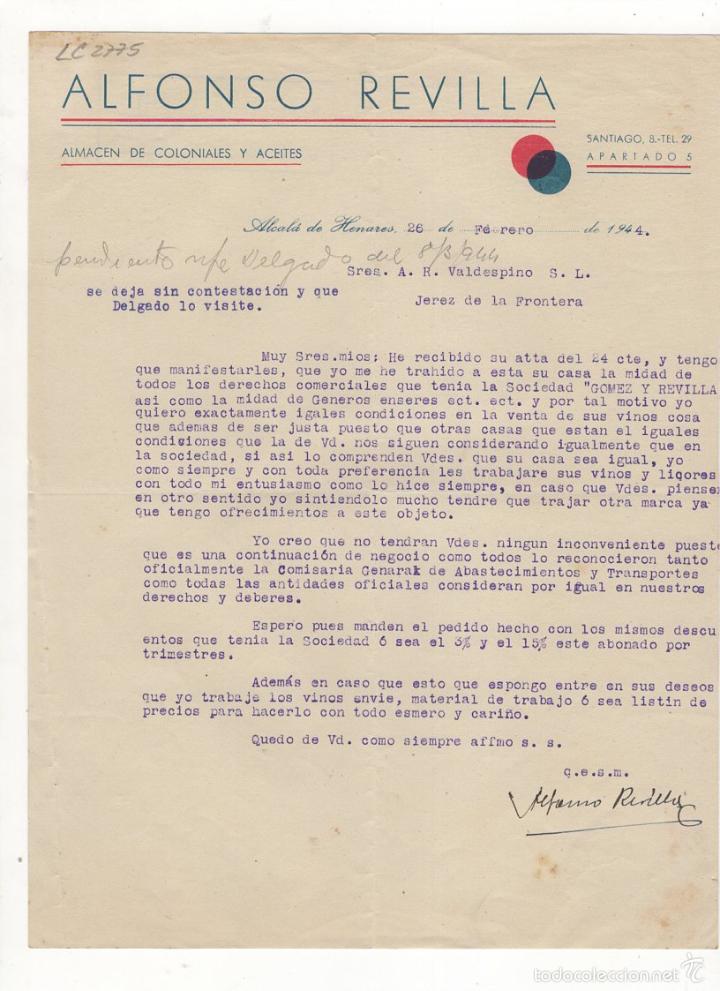Cartas comerciales: CARTA COMERCIAL. ALFONSO REVILLA, ALMACEN DE COLONIALES Y ACEITES, ALCALA DE HENARES,1944