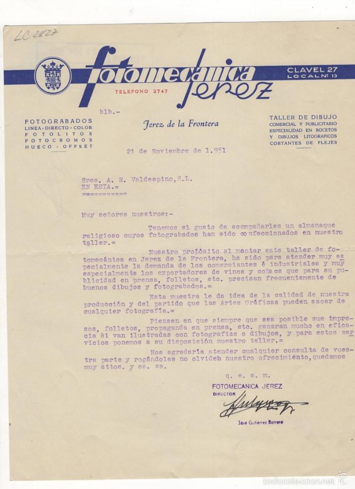 Cartas comerciais: CARTA COMERCIAL. FOTOMECANICA, GRABADOS VARIOS, JEREZ DE LA FRONTERA, 1951.