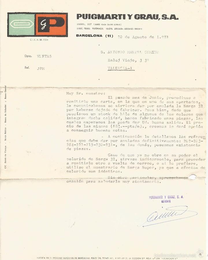 Cartas comerciales: :::: LL57 - CARTA COMERCIAL DE PUIGMARTI Y GRAU - 1981 - Foto 1