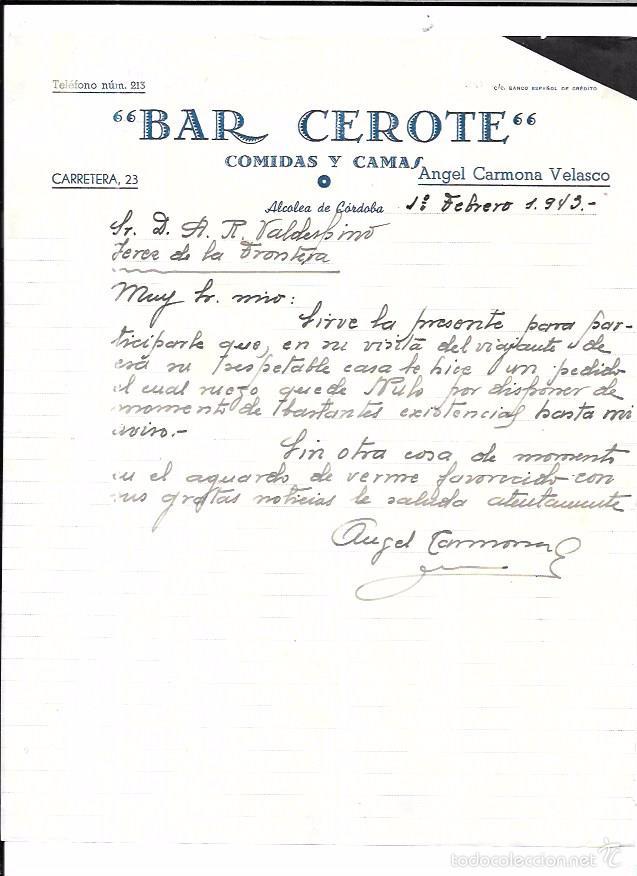 Lettere commerciali: CARTA COMERCIAL. BAR CEROTE. COMIDAS Y CAMAS. ALCOLEA  DE CORDOBA. 1943.