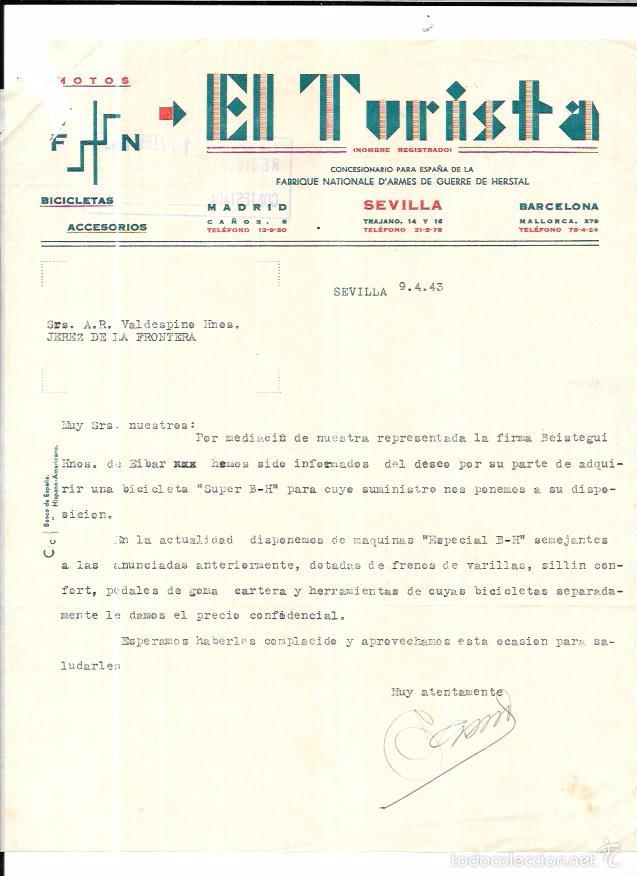 Cartas comerciales: CARTA COMERCIAL. EL TURISTA. BICICLETAS, ACCESORIOS. SEVILLA, 1943.