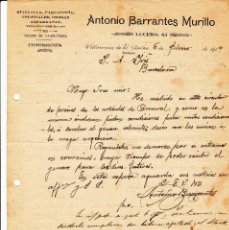 Cartas comerciales: CARTA COMERCIAL DE COLONIALES ANTONIO BARRANTES MURILLO EN VILLANUEVA DE LA SERENA - BADAJOZ --1919