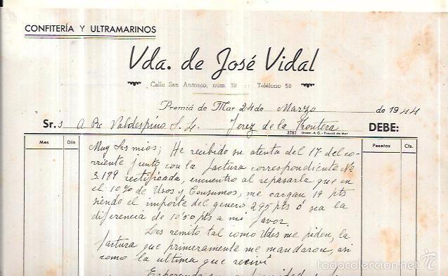 Lettres commerciales: CARTA COMERCIAL. CONFITERIA Y ULTRAMARINOS. VDA. DE JOS&Eacute; VIDAL. PREMIA DE MAR. 1944.