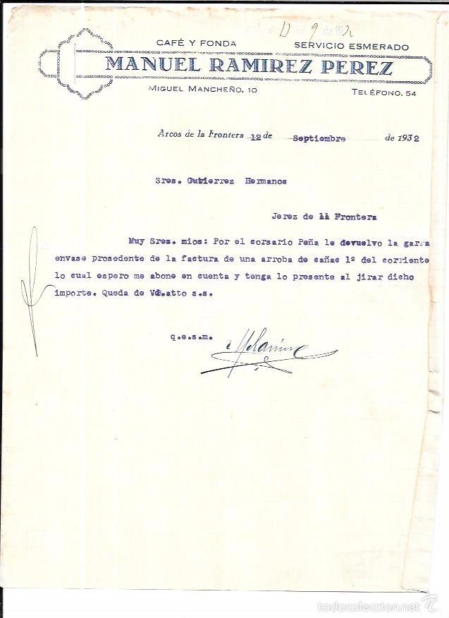 Cartas comerciales: CARTA COMERCIAL. CAFE Y FONDA. MANUEL RAMIREZ PEREZ. ARCOS DE LA FRONTERA. 1932.