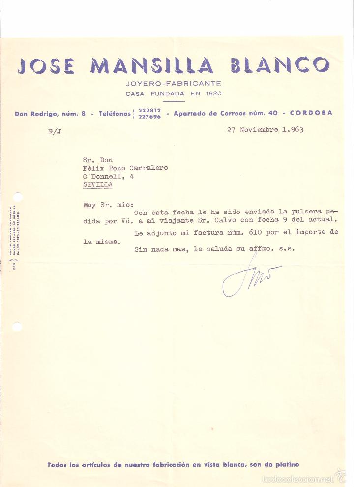 Cartas comerciales: C. COMERCIAL. 1963. CORDOBA. JOSE MANSILLA BLANCO JOYERO-FABRICANTE.