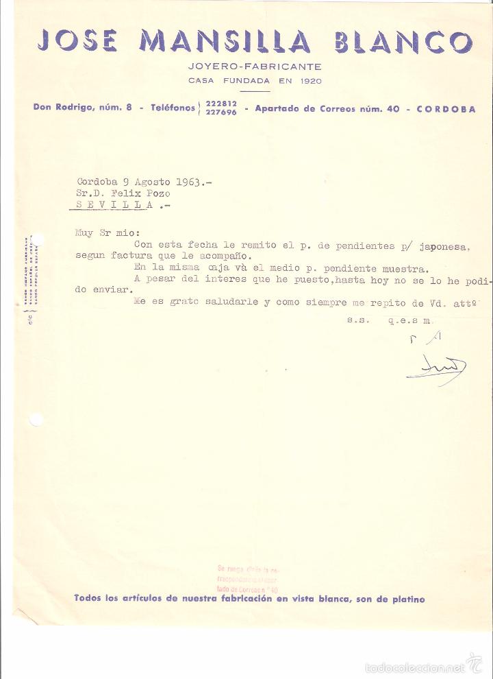 Cartas comerciales: CARTA COMERCIAL. JOSE MANSILLA BLANCO. JOYERO FABRICANTE. CORDOBA- A&Ntilde;O 1963.