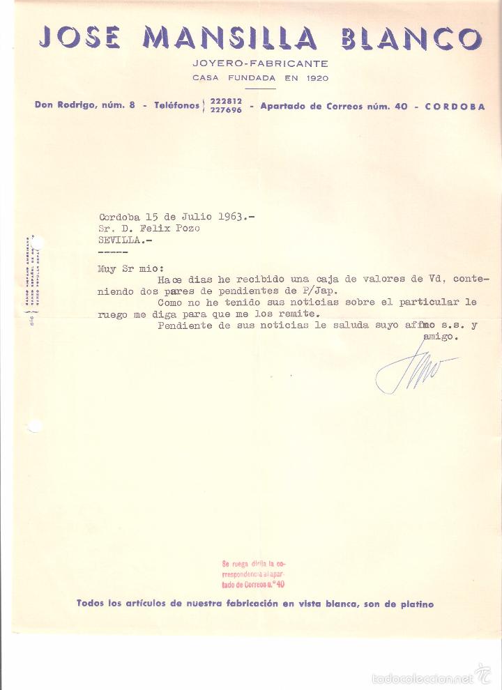 Cartas comerciales: CARTA COMERCIAL. JOSE MANSILLA BLANCO. JOYERO FABRICANTE. CORDOBA A&Ntilde;O 1963.