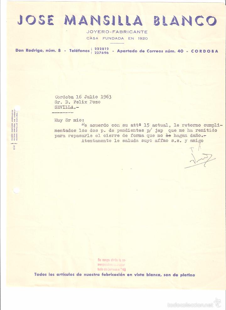 Cartas comerciales: CARTA COMERCIAL. JOSE MANSILLA BLANCO. JOYERO FABRICANTE. CORDOBA A&Ntilde;O 1963.