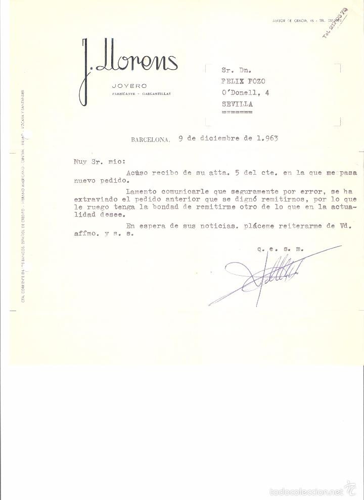 Cartas comerciales: CARTA COMERCIAL. J. LLORENS JOYERO FABRICANTE. BARCELONA A&Ntilde;O 1963.