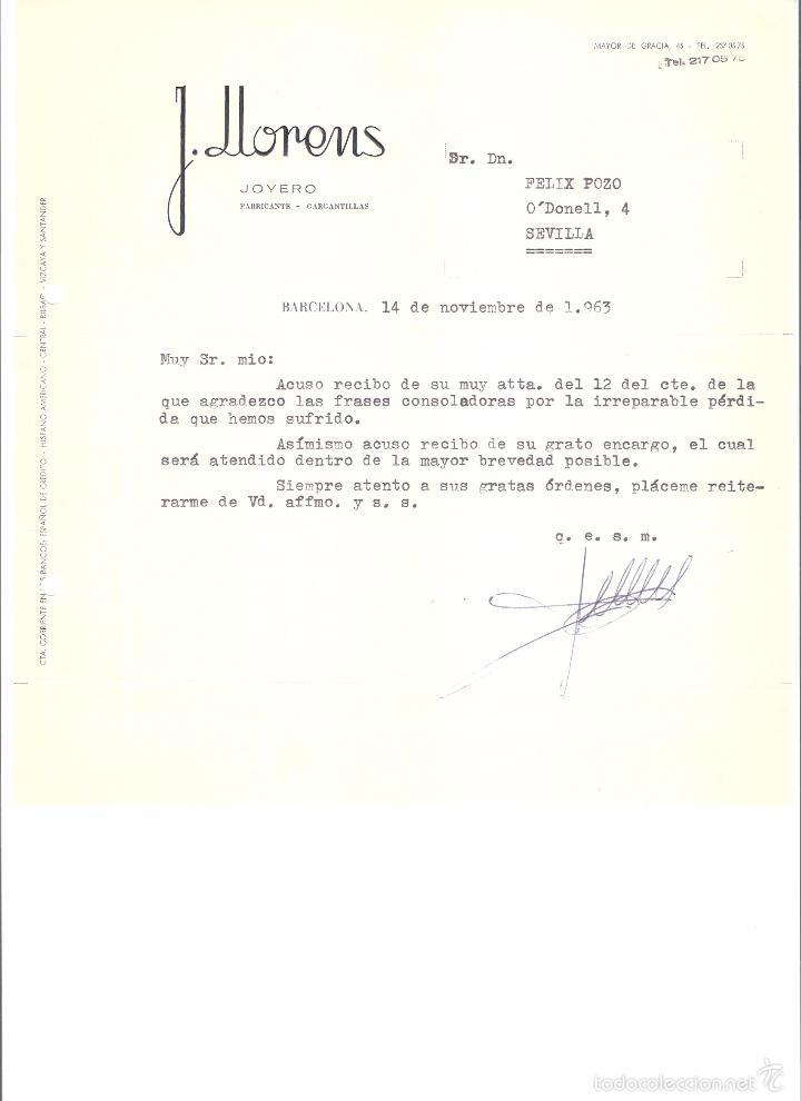 Cartas comerciales: CARTA COMERCIAL. J. LLORENS JOYERO FABRICANTE. BARCELONA A&Ntilde;O 1963.