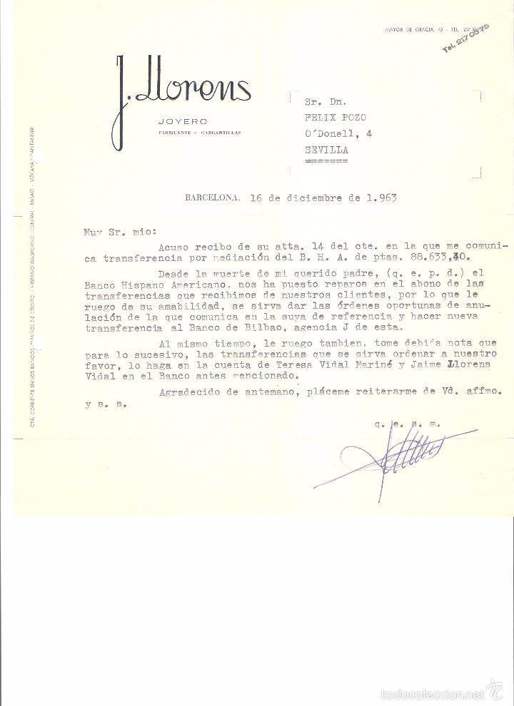 Cartas comerciales: CARTA COMERCIAL. J LLORENS JOYERO FABRICANTE. BARCELONA A&Ntilde;O 1963.