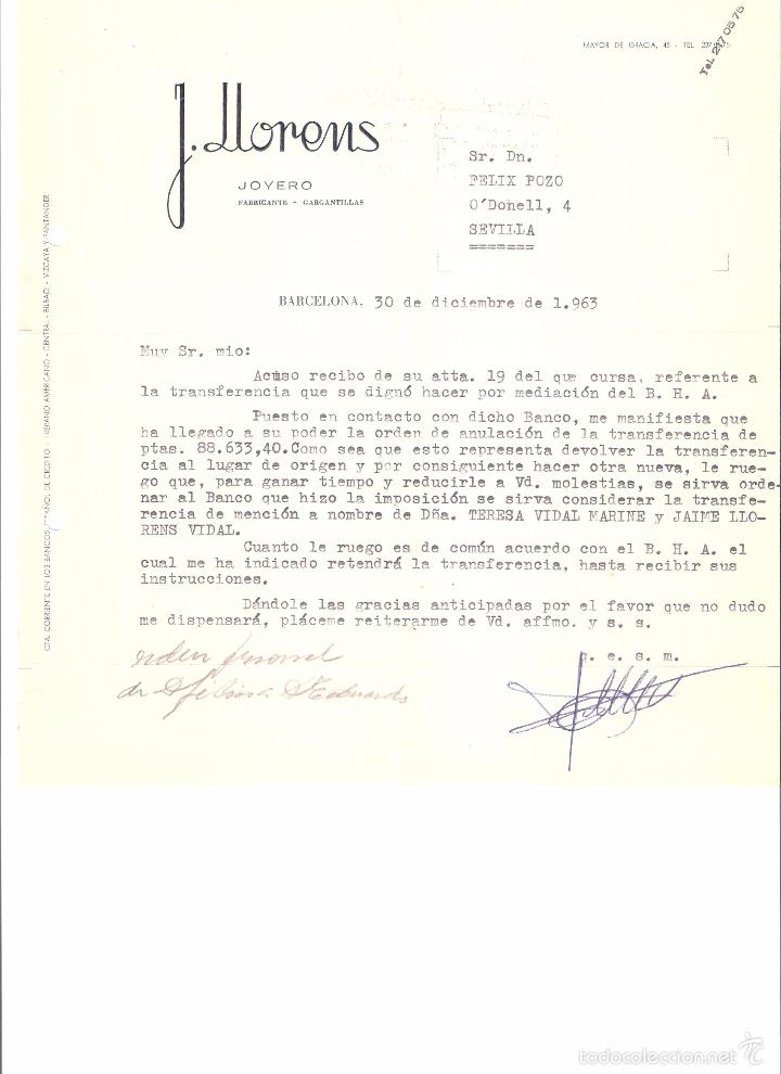 Cartas comerciales: CARTA COMERCIAL. J. LLORENS JOYERO FABRICANTE. BARCELONA A&Ntilde;O 1963.