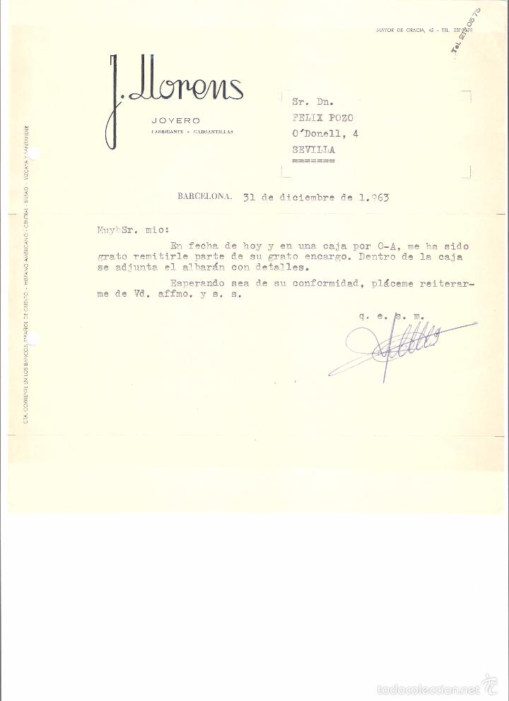 Cartas comerciales: CARTA COMERCIAL. J. LLORENS JOYERO FABRICANTE. BARCELONA A&Ntilde;O 1963.