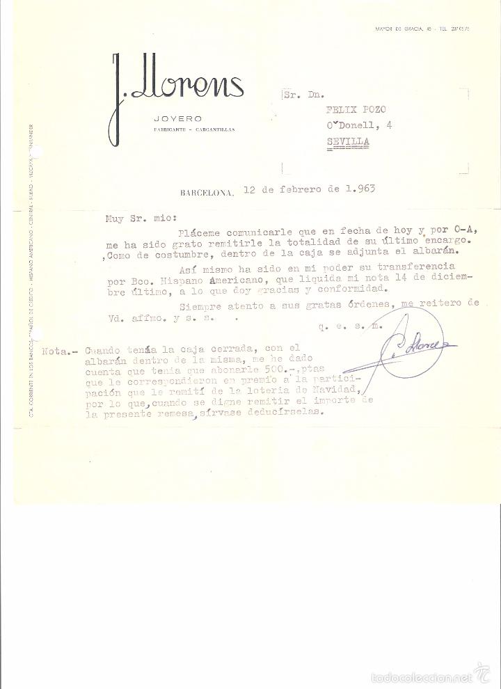 Cartas comerciales: CARTA COMERCIAL. J. LLORENS JOYERO FABRICANTE. BARCELONA A&Ntilde;O 1963.