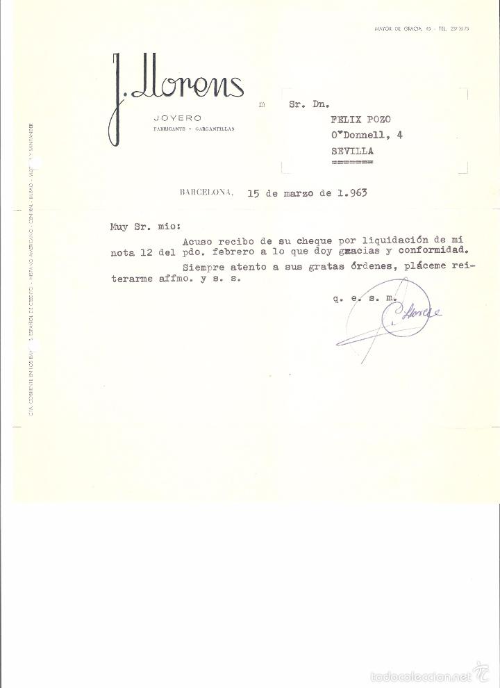 Cartas comerciales: CARTA COMERCIAL. J. LLORENS JOYERO FABRICANTE. BARCELONA A&Ntilde;O 1963.