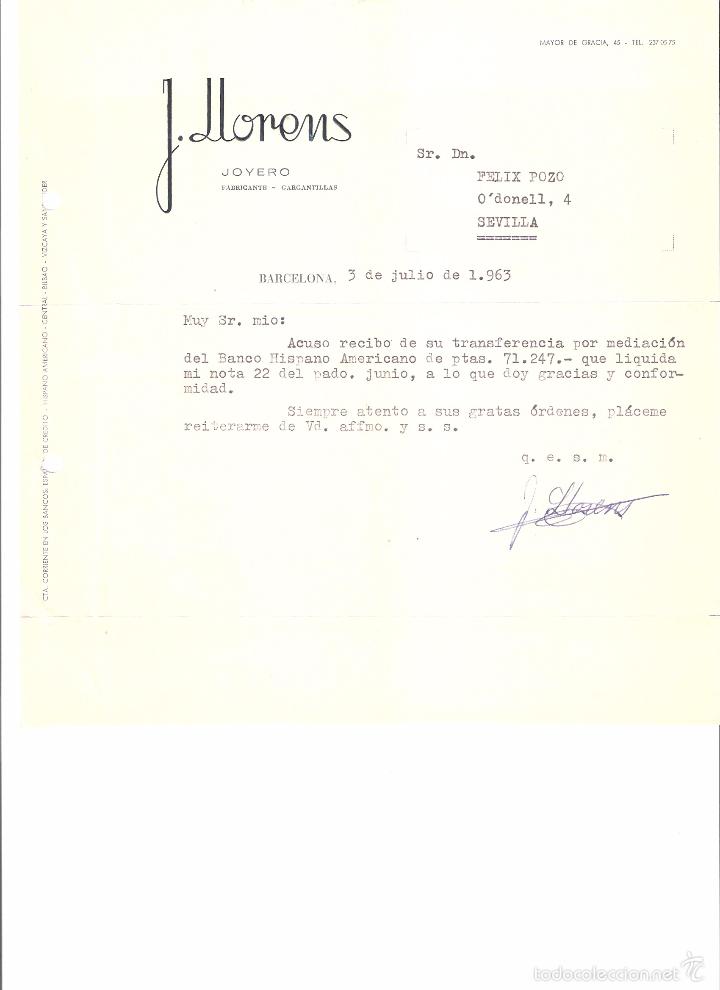 Cartas comerciales: CARTA COMERCIAL, J. LLORENS JOYERO. BARCELONA A&Ntilde;O 1963.