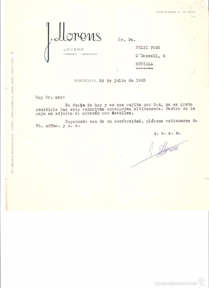 Cartas comerciales: CARTA COMERCIAL. J. LLORENS JOYERO FABRICANTE. BARCELONA A&Ntilde;O 1963.