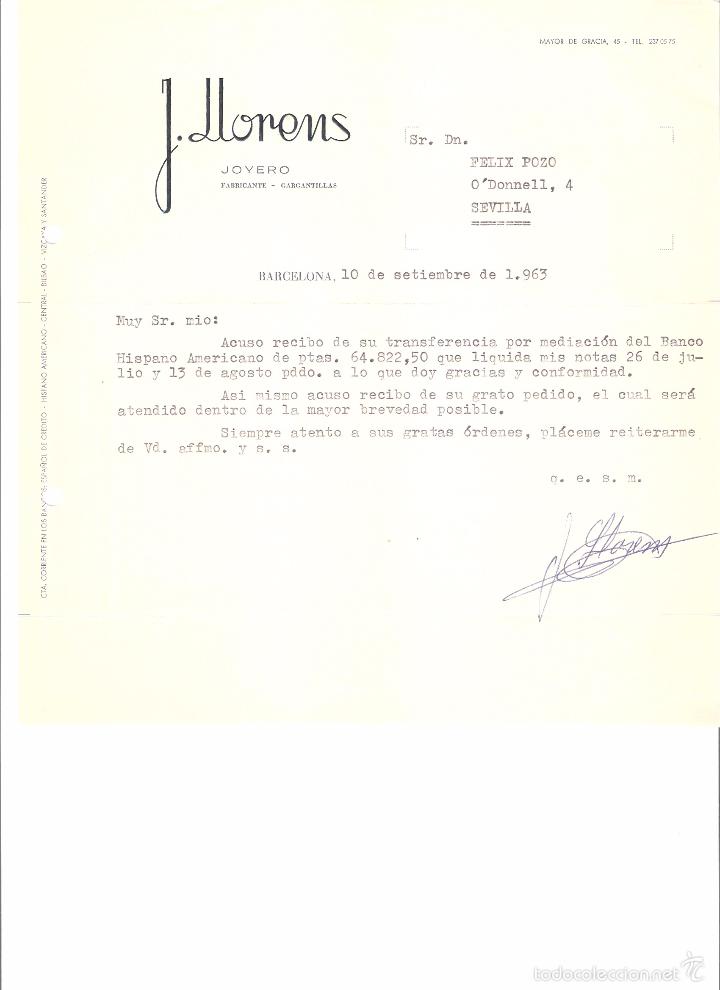 Cartas comerciales: CARTA COMERCIAL. J. LLORENS JOYERO FABRICANTE. BARCELONA A&Ntilde;O 1963.