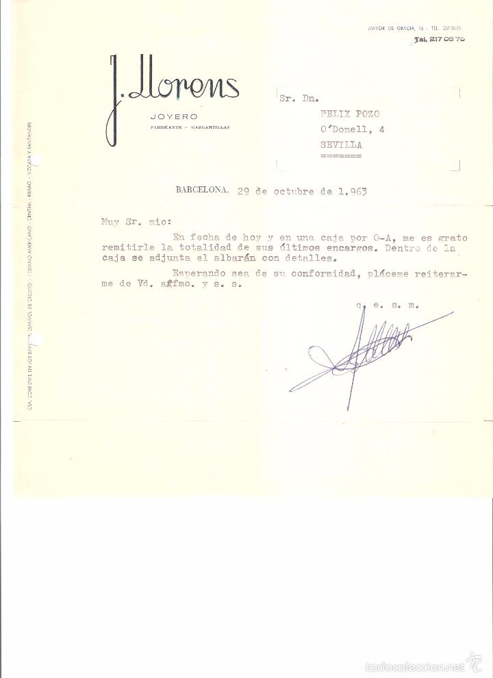 Cartas comerciales: CARTEL COMERCIAL. J. LLORENS JOYERO FABRICANTE. BARCELONA A&Ntilde;O 1963.