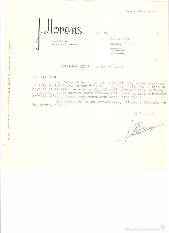 Cartas comerciales: CARTA COMERCIAL. J. LLORENS JOYERO FABRICANTE. BARCELONA A&Ntilde;O 1963.