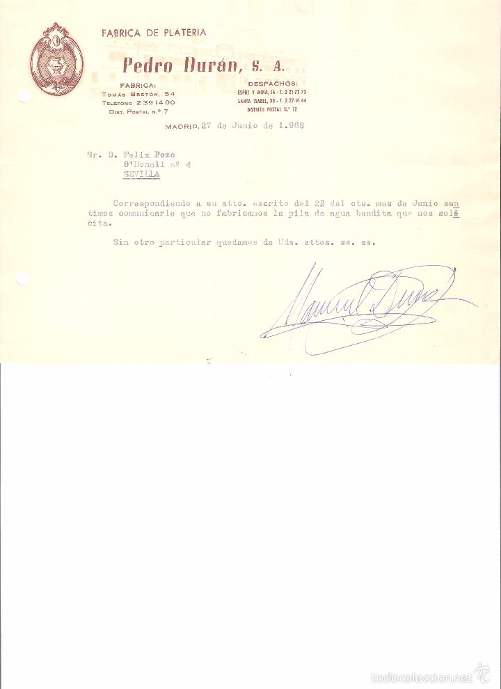 Gesch&auml;ftsbriefe: CARTA COMERCIAL. PEDRO DURAN S.A. FABRICA DE PLATERIA. MADRID A&Ntilde;O 1963.