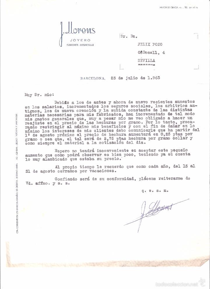 Cartas comerciales: CARTA COMERCIAL. J. LLORENS JOYERO FABRICANTE. BARCELONA A&Ntilde;O 1963.