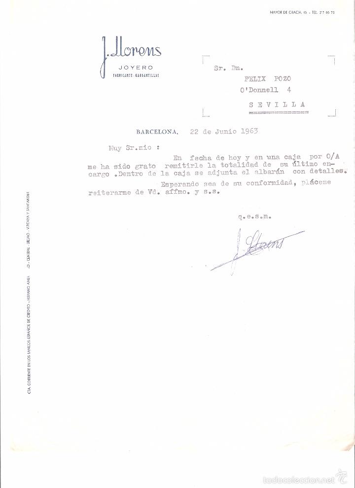 Cartas comerciales: CARTA COMERCIAL. J. LLORENS JOYERO FABRICANTE. BARCELONA A&Ntilde;O 1963.