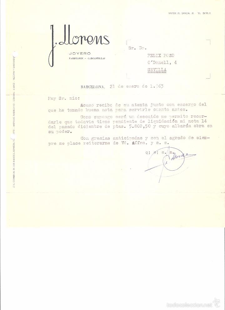 Cartas comerciales: CARTA COMERCIAL. J. LLORENS JOYERO FABRICANTE. BARCELONA A&Ntilde;O 1963.