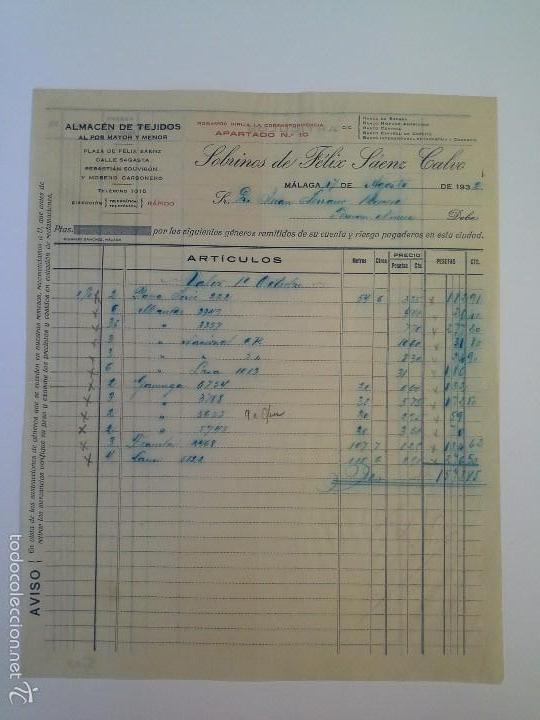 Lettres commerciales: SOBRINOS DE F&Eacute;LIX S&Aacute;ENZ CALVO. ALMAC&Eacute;N DE TEJIDOS. M&Aacute;LAGA 1932.