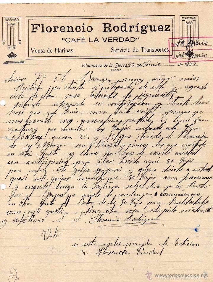 Gesch&auml;ftsbriefe: Florencio Rodr&iacute;guez. Cafe la verdad. Venta de harinas. Villanueva de la Sierra. C&aacute;ceres. Firma