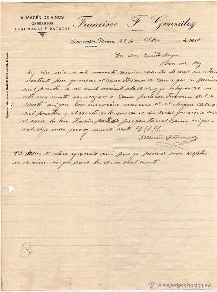 Lettere commerciali: Almac&eacute;n de vinos, garbanzos. Francisco F Gonz&aacute;lez. Sobrescobio Rioseco. Asturias. Firma propetario
